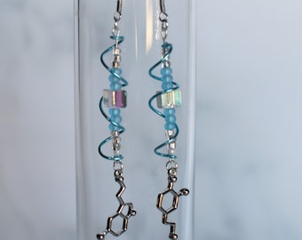 Biolojewelry - Ice Blue Spiral Asymmetrical Serotonin Dopamine Neurotransmitter Molecule Science Theme Earrings