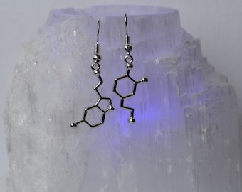 Biolojewelry -  Asymmetrical - Serotonin & Dopamine Neurotransmitter Molecule Biology Chemistry Psychology Science Earrings