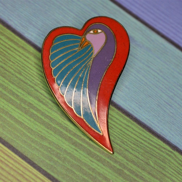 Vintage Laurel Burch Dove Heart Brooch Colorful 1980s Pin