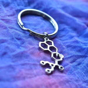 May include: Silver keychain with a charm shaped like a chemical molecule. The charm is attached to a silver ring.
