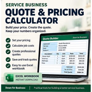 May include: A digital service business quote and pricing calculator Excel workbook displayed on a laptop screen. The interface shows a quote builder with fields for customer, service, date, and quote number, plus a table of itemized job costs.