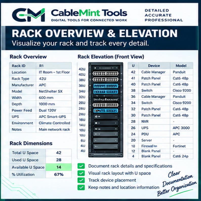 Op de afbeelding: Een CableMint Tools rackoverzicht en elevatiekaart met een 42U APC NetShelter SX rackdiagram. Het document toont technische specificaties, een vooraanzicht van de rackindeling, apparatenlijsten en gebruiksstatistieken voor IT-infrastructuur.