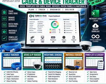 Spreadsheet voor het traceren van laagspanningskabels | Sjabloon voor kabel- en apparaatdocumentatie | Excel-bundel voor netwerkinstallatie