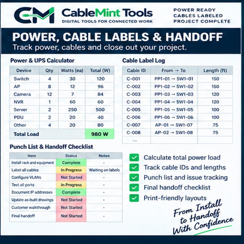 Op de afbeelding: Een digitaal projectmanagementdashboard genaamd CableMint Tools met een stroom- en UPS-calculator, een kabellabeloverzicht en een checklist voor overdracht. De lay-out bevat tabellen voor het bijhouden van stroombelastingen en kabel-ID's.