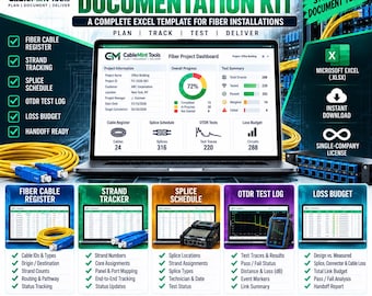 Fiber Optic Documentation Template | Strand, Splice, OTDR & Loss Test Excel Tracker | Fiber Installation Workbook