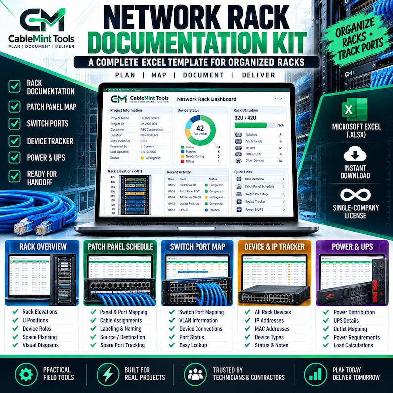 Op de afbeelding: Een netwerk rack documentatiekit met een laptop die een Excel-dashboard voor rackbeheer toont. De kit bevat sjablonen voor rackoverzichten, patchpaneelschema's, switchpoortkaarten, apparaattrackers en stroom- en UPS-monitoring.