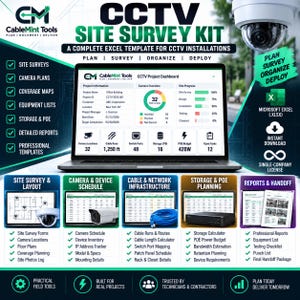 May include: A CCTV site survey kit presented as a digital Microsoft Excel template for installations. The display shows a project dashboard with camera locations, cable runs, and POE budget. Includes modules for site layout, device schedules, and reports.