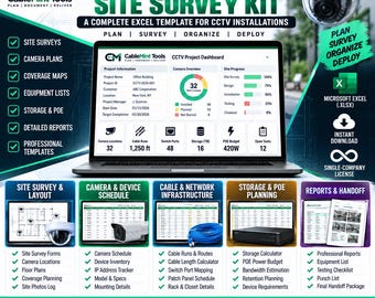 Sjabloon voor CCTV-locatieonderzoek | Spreadsheet voor de installatie van beveiligingscamera's | Kit voor cameraplaatsing en projectdocumentatie