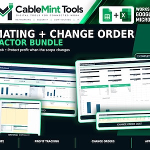 以下が含まれることがあります： CableMint Toolsブランドの、見積もりおよび変更指示書用のデジタル請負業者向けバンドル。インターフェースには、利益追跡、元の見積もり、変更コストのダッシュボードが表示され、GoogleスプレッドシートおよびMicrosoft Excelと互換性があります。
