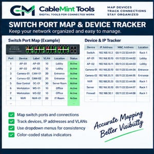 Op de afbeelding: Een digitaal CableMint Tools switch-poort-map en apparaat-tracker display met een afbeelding van een Cisco netwerkswitch, een poort-mappingtabel met statusindicatoren en een apparaat-IP-trackertabel. De lay-out bevat tekstkoppen en lijsten.