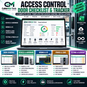 May include: A digital Access Control Door Checklist & Tracker Excel template displayed on a laptop screen. The interface shows a project dashboard with task progress, door status, and various icons for hardware, wiring, and testing modules.