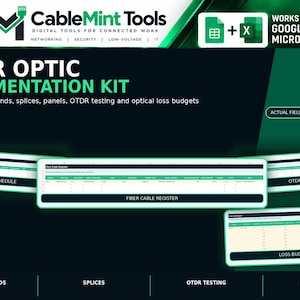 May include: A digital fiber optic documentation kit by CableMint Tools featuring spreadsheets for tracking cables, strands, splices, panels, OTDR testing, and optical loss budgets. Compatible with Google Sheets and Microsoft Excel software programs.