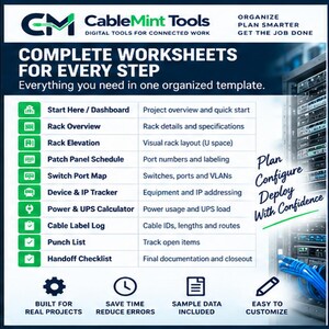 Op de afbeelding: Een digitaal werkbladsjabloon van CableMint Tools voor netwerkorganisatie. Het document bevat secties zoals Start Here, Rack Overview, Rack Elevation, Patch Panel Schedule, Switch Port Map, Device & IP Tracker, Power & UPS Calculator, Cable Label Log, Punch List en Handoff Checklist.