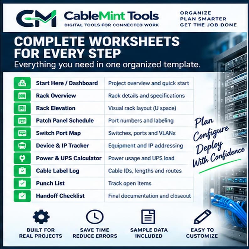 Op de afbeelding: Een digitaal werkbladsjabloon van CableMint Tools voor netwerkorganisatie. Het document bevat secties zoals Start Here, Rack Overview, Rack Elevation, Patch Panel Schedule, Switch Port Map, Device & IP Tracker, Power & UPS Calculator, Cable Label Log, Punch List en Handoff Checklist.