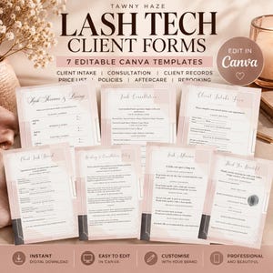 May include: A set of seven editable Canva templates for lash tech client forms, including intake, consultation, records, price list, policies, aftercare, and rebooking. The documents feature a soft pink and white color scheme with text.