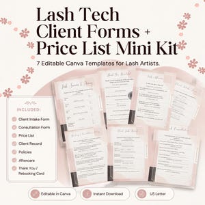 Könnte beinhalten: Ein Set aus sieben bearbeitbaren Canva-Vorlagen für Wimpernstylisten mit dem Titel Lash Tech Client Forms + Price List Mini Kit. Die Dokumente umfassen ein Kundenaufnahmeformular, Beratungsformular, Preisliste, Kundenkartei, Richtlinien, Nachsorge und eine Dankeskarte, alle in einem zartrosa und weißen Farbschema mit floralen Akzenten gestaltet.