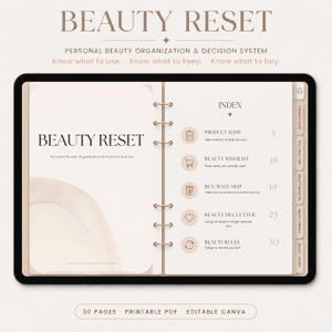Puede incluir: Un planificador digital titulado Beauty Reset, un sistema personal de organización y decisión de belleza. El diseño abierto muestra un índice con secciones para auditoría de productos, lista de deseos, decisiones de compra y organización.