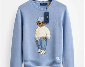 Maglione vintage Polo Bear, classico pullover girocollo, maglione ricamato azzurro cielo / unisex
