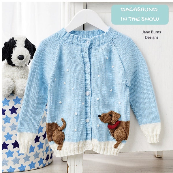 Dachshund in the Snow Cardigan KIDS Knitting Pattern, Cardigan with sausage dog in the snow DOWNLOAD