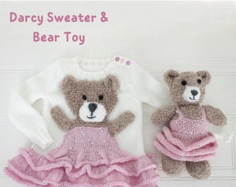 Darcy Ballerina Sweater & Toy Knitting Pattern, Teddy Bear Toy and matching sweater pattern DOWNLOAD