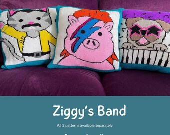 May include: Three knitted pillow covers featuring a cat, a pig, and a pug. The cat is wearing a yellow jacket and the pig has a lightning bolt painted on its face. The pug is wearing sunglasses and playing a keyboard. The pillows are on a purple couch. The text "Ziggy's Band" is displayed below the pillows. The text "All 3 patterns available separately" and "Or as a bundle" is displayed below the title.