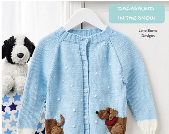 Dachshund in the Snow Cardigan KIDS Knitting Pattern, Cardigan with sausage dog in the snow DOWNLOAD