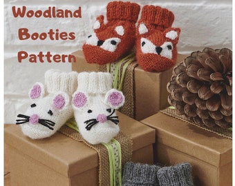 Woodland Booties Knitting Pattern, Mouse, Fox, Badger Bootees knitting pattern DOWNLOAD