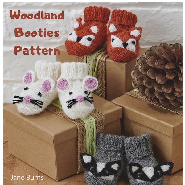 Woodland Booties Knitting Pattern, Mouse, Fox, Badger Bootees knitting pattern DOWNLOAD
