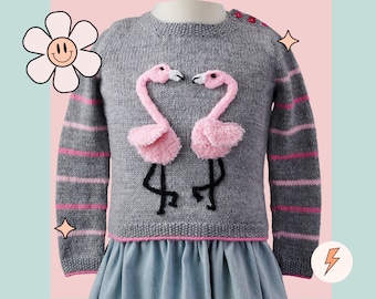 May include: A gray knitted sweater with pink and gray stripes on the sleeves. The sweater features two pink flamingo appliques on the front.