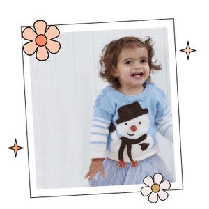my first christmas jumper, baby christmas jumper with snowman intarsia motif wearing a top hat and scarf, christmas sweater for baby jane burns