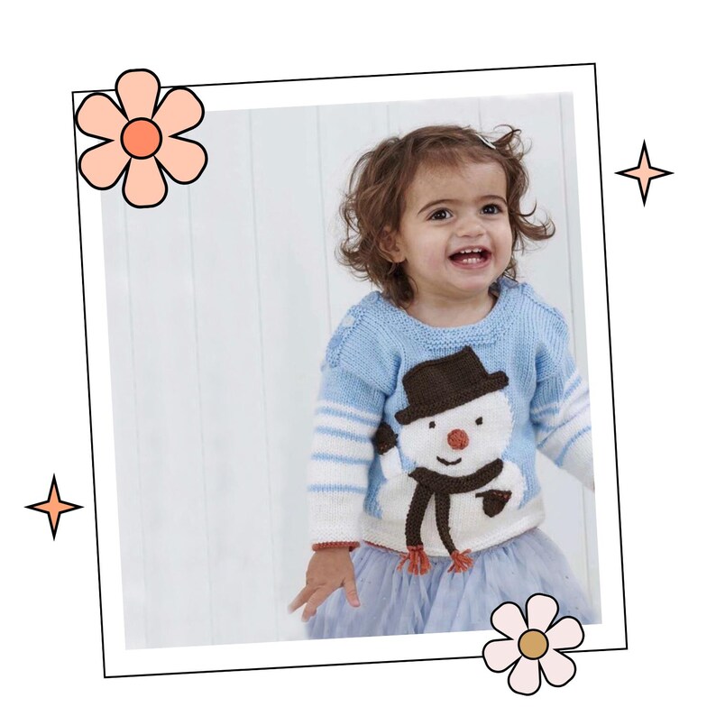 my first christmas jumper, baby christmas jumper with snowman intarsia motif wearing a top hat and scarf, christmas sweater for baby jane burns
