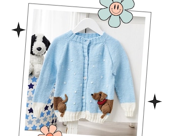 May include: A light blue knitted cardigan with white trim and two brown dachshund appliques. The cardigan has a button closure and is decorated with white polka dots.