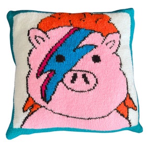 Pode incluir: Uma almofada de malha rosa com um contorno preto do rosto de um porco. O porco tem um design de raio azul, vermelho e rosa no rosto. A almofada tem uma borda turquesa.