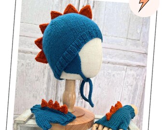 Dinosaur Hat and Mittens Knitting Pattern, Trapper Style, Spikes (PDF Download)
