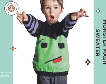 Monster Mash Sweater, Kids Frankenstein Halloween Jumper Knitting Pattern - Download