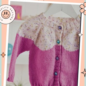 May include: A pink and white knitted cardigan with a button closure. The cardigan has a speckled pattern and colorful buttons.