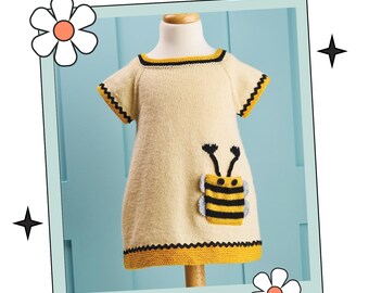 Bee Happy Dress, Simple Seamless Girls Jumper Dress Knitting Pattern, DOWNLOAD
