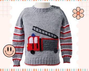 May include: A gray knitted sweater with red and white striped sleeves. The sweater features a red fire truck with a black ladder and a smiling face.