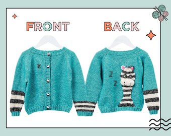 May include: A turquoise blue knitted cardigan with black and white striped sleeves and a small zebra applique on the back. The cardigan has a button closure.