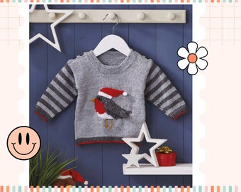 May include: A gray knitted baby sweater with red and white striped sleeves and a red-breasted robin applique wearing a Santa hat.