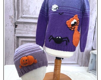 Scaredy Cat, Cat & Spider Spooky Halloween Simple Sweater, Knitting Pattern PDF DOWNLOAD