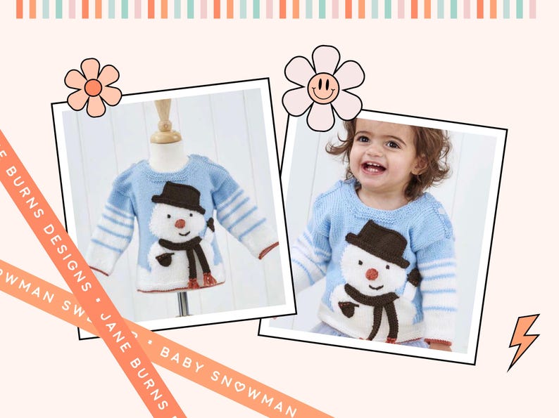 K&ouml;nnte beinhalten: Hellblauer Baby-Pullover mit Schneemann-Design. Der Schneemann hat einen braunen Hut und Schal, mit wei&szlig;en und roten Akzenten. Der Pullover wird auf einer Schaufensterpuppe und einem Kind gezeigt.