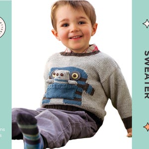 May include: A gray knitted sweater with a blue and brown monster pocket on the front. The sweater has a brown ribbed collar and cuffs. The monster has two large eyes and a small mouth. The text "Monster Pocket Pal" is written in white on a teal background.