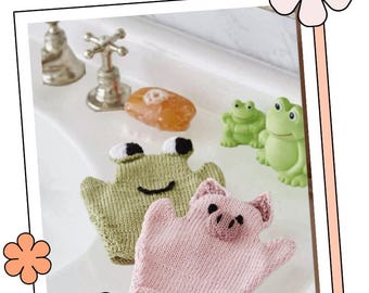Baby Bath Mitt Knitting Pattern PDF, Frog and Pig Character Bath Mittens Download