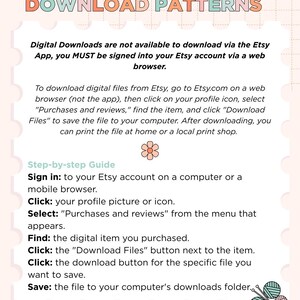 an image containing text instructions for downloading pdf knitting patterns purchased from jane burns via etsy.