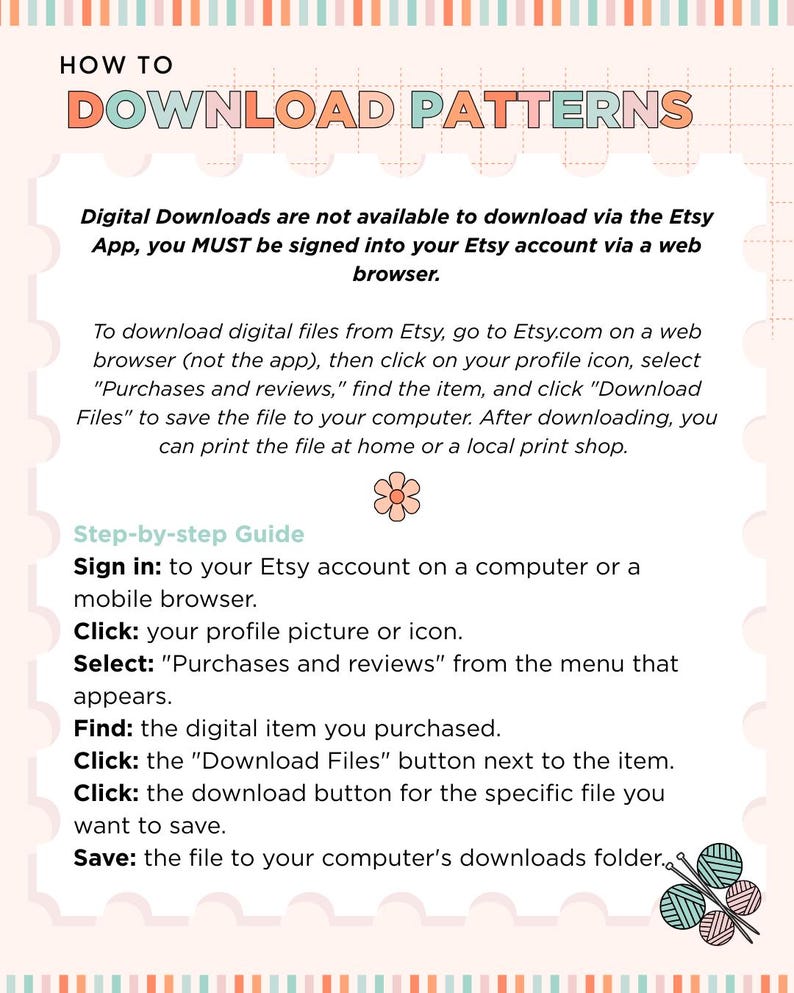 an image containing text instructions for downloading pdf knitting patterns purchased from jane burns via etsy.
