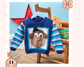 Rascal, Monkey Jumper Kids Knitting Pattern with Colouring Page - PDF Download