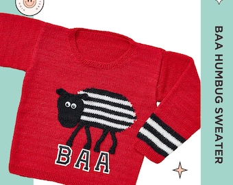 Baa Humbug, Kids Sheep Christmas Jumper, Childs Animal Pullover Knitting Pattern - PDF Download