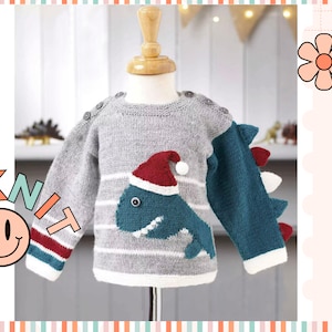 May include: A grey and white striped knitted sweater with a blue dinosaur wearing a red Santa hat on the front. The dinosaur has a white pom-pom on the top of its hat. The sweater has a blue dinosaur tail on one sleeve.