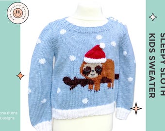 May include: A light blue knitted sweater with a white trim and white polka dots. A brown sloth wearing a red Santa hat is embroidered on the front of the sweater. The sweater says "Sleepy Sloth Kids Sweater" on the right side of the image.